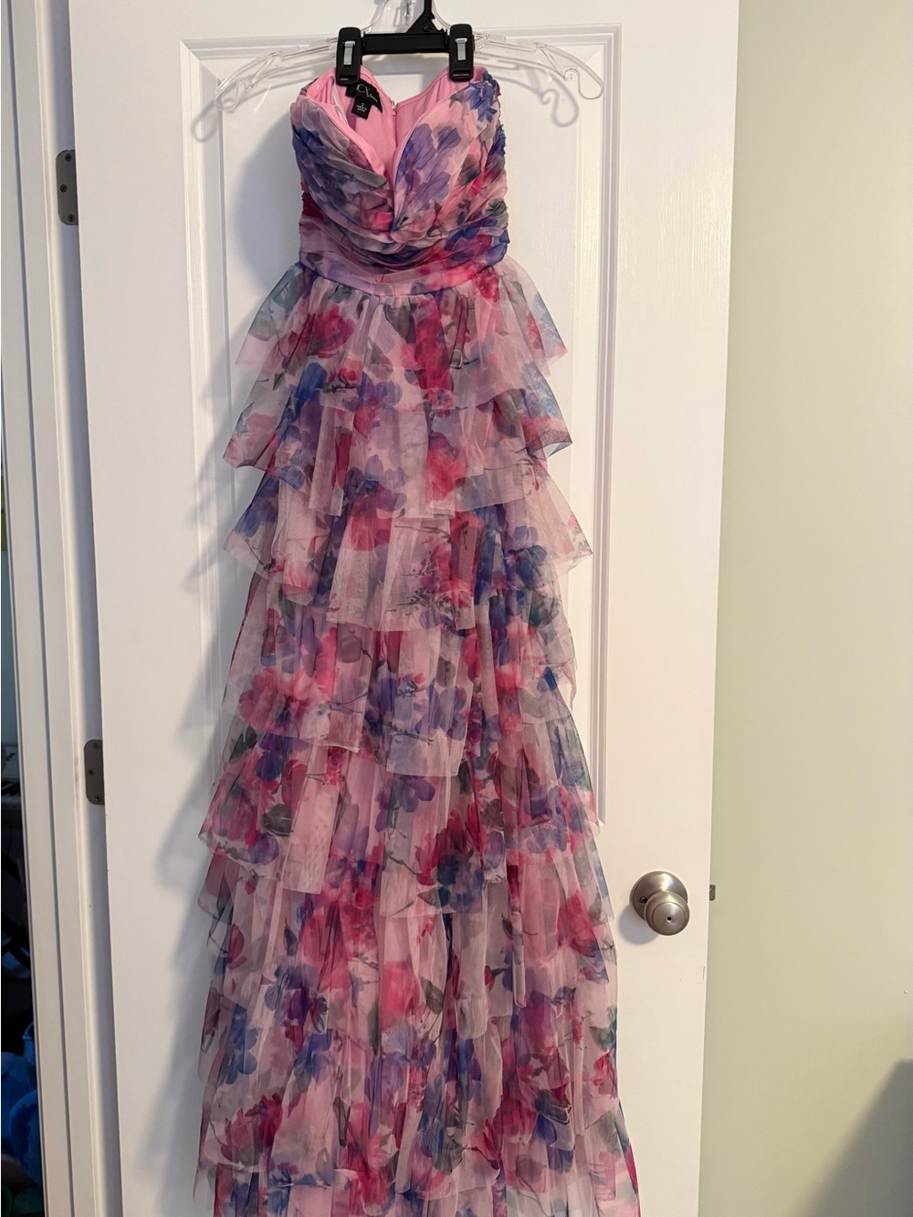 Floral Tiered Pink & Purple Strapless Evening Gown